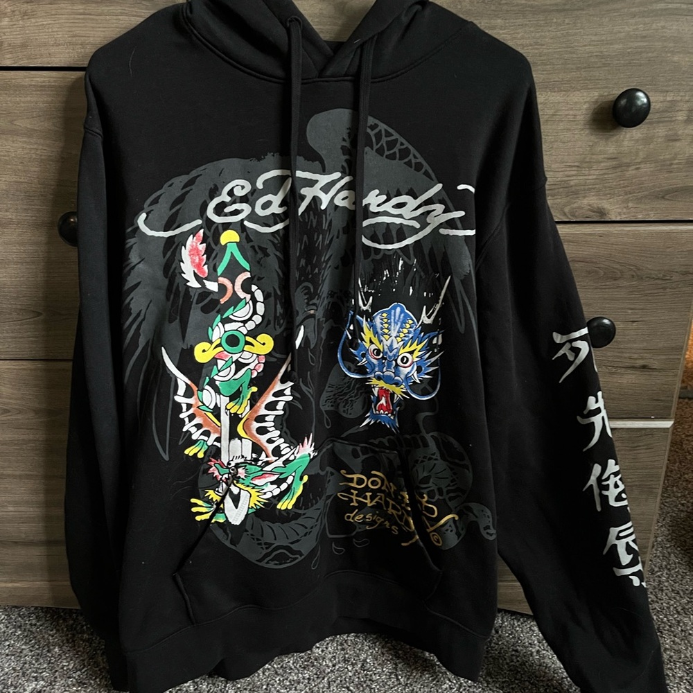 Ed Hardy Black Hoodie with Multicolor Dragon and Tattoo Graphics